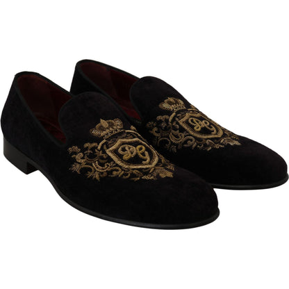 Dolce & Gabbana Loafers Black Velvet Gold Crown
