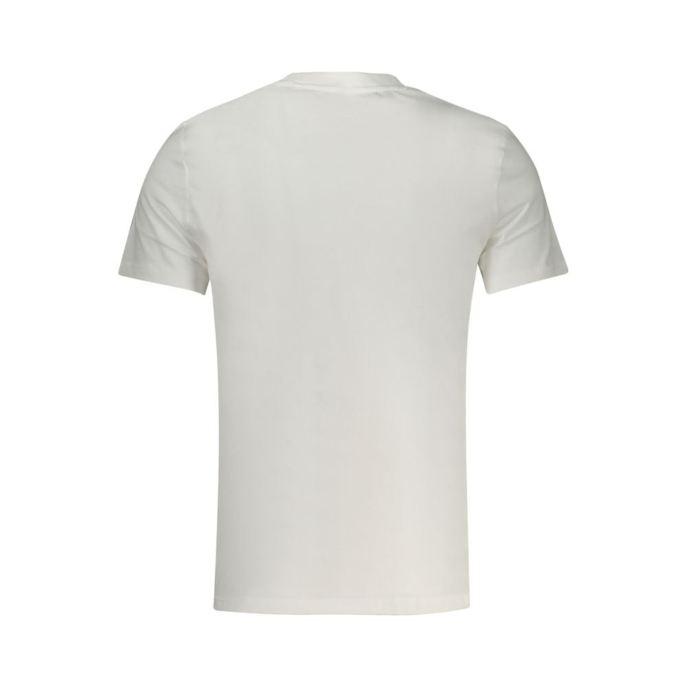 Back view of Guess Jeans White Cotton T-Shirt, short sleeve, slim fit, crew neck, featuring logo print, made from organic cotton.