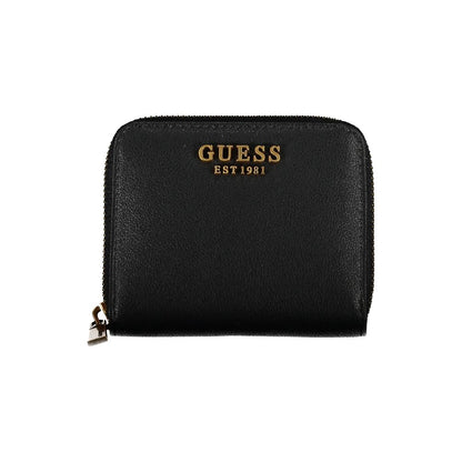 Guess Jeans Black Polyethylene Wallet with zip closure, 1 compartment, coin purse, card slots, and logo detailing.