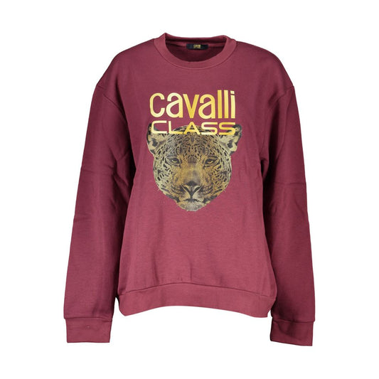 Cavalli Class Purple Cotton Women Sweater with bold logo and leopard print, long sleeves, crew neck, and Italian design elegance.