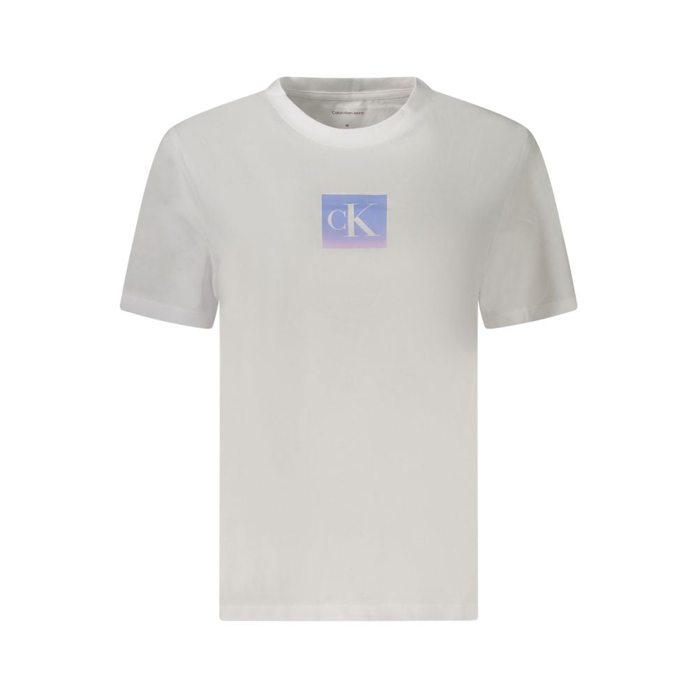 Calvin Klein White Cotton Women T-Shirt with crew neck and logo print, perfect for modern style and comfort, short sleeved design.
