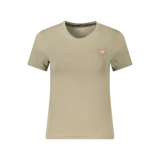 Women wearing a Guess Jeans Beige Cotton T-Shirt with logo, featuring a wide neck design, made from organic cotton and spandex blend.