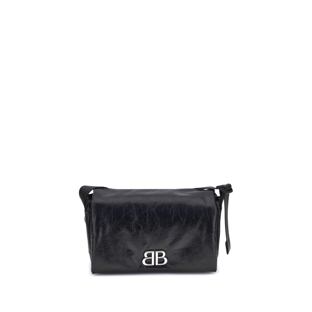 Balenciaga Black Calf Leather Bos Taurus Shoulder Bag with silver-tone logo plaque and adjustable strap.