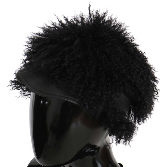 Dolce & Gabbana Black Tibet Lamb Fur Leather Gatsby Hat HAT70216-56