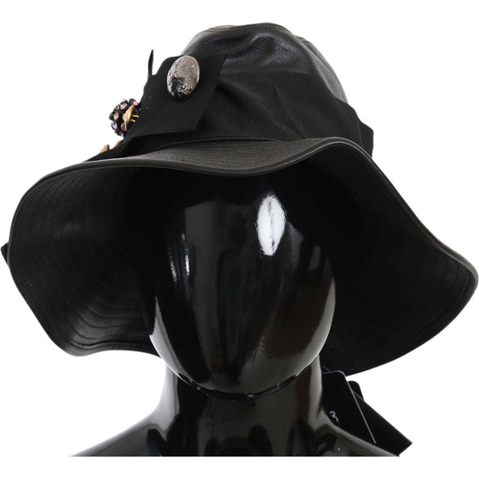 Dolce & Gabbana Black Leather DG Coin Crystal Wide Brim Hat HAT70222-56