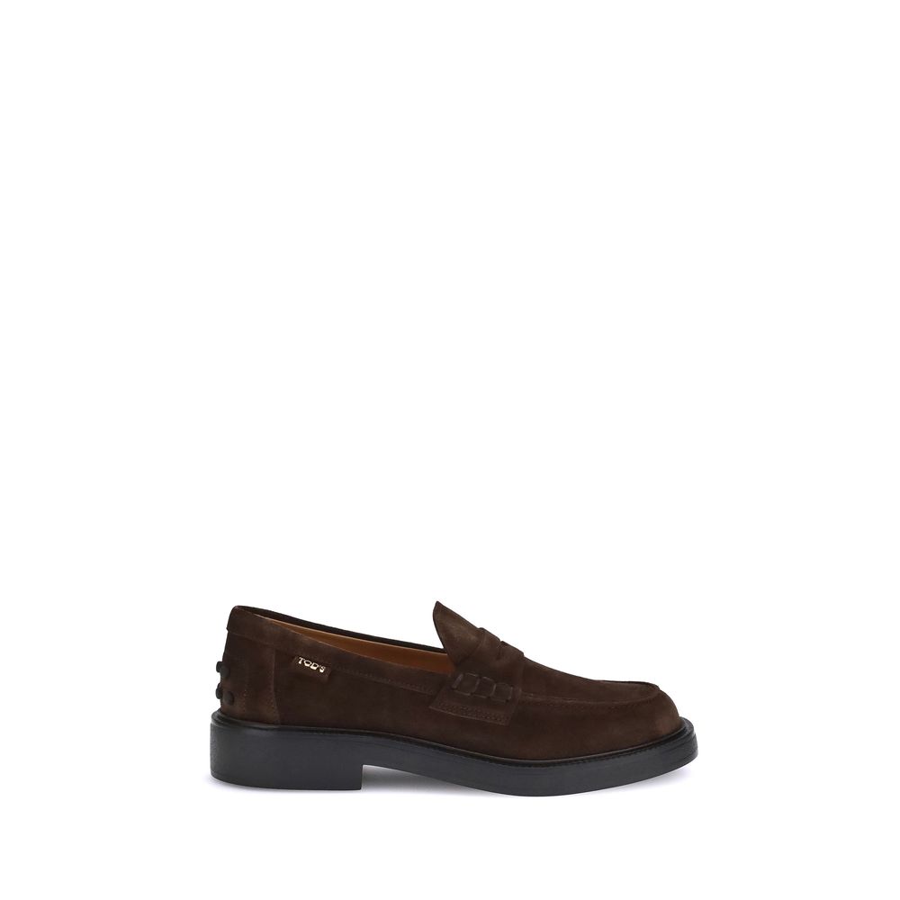Tod's Brown Rubber Slip-On Loafers with suede finish, hand-stitched vamp, Tod's logo side label, and rubber pebble heel detail.
