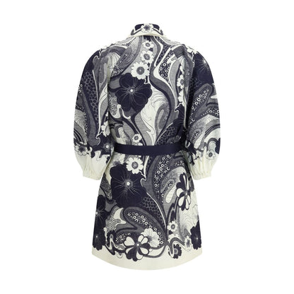 Back view of Alemais Multicolor Linen Casual Dress with puff sleeves and graphic print.