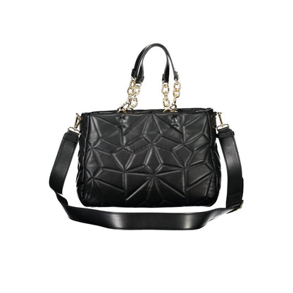 Mario Valentino Black Polyethylene Women Handbag with chain handles and adjustable strap, featuring bold details and Valentino logo.