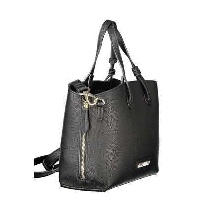 Mario Valentino Black Polyethylene Women Handbag with two handles and shoulder strap, featuring an expandable design and dual compartments.