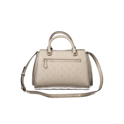 Alt Tag: Guess Jeans Beige Polyethylene Women Handbag with dual handles, adjustable strap, and protective feet.
