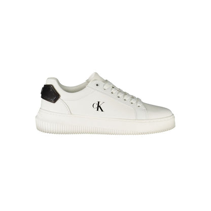 Calvin Klein White Leather Women Sneaker with black accents, featuring a sleek design and removable footbed for stylish comfort.