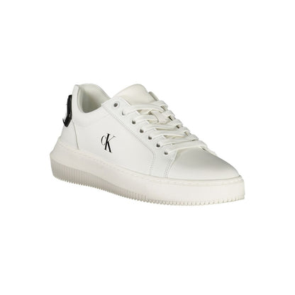 Calvin Klein White Leather Women Sneaker featuring sleek white design with black accents and removable footbed for comfort and style.