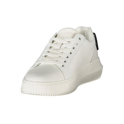 Calvin Klein White Leather Women Sneaker with black accents, urban style, removable footbed for comfort.