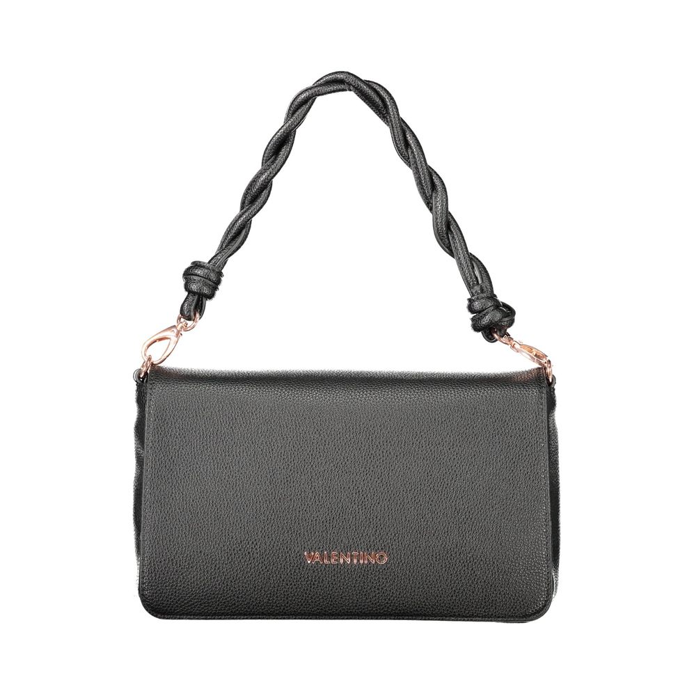 Mario Valentino Black Polyethylene Women Handbag with twisted handle, adjustable strap, and zip closure, showcasing elegant craftsmanship.