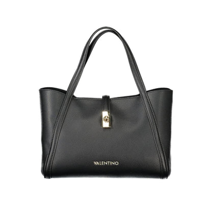 Mario Valentino Black Polyethylene Women Handbag with gold accents and dual handles displayed on a white background