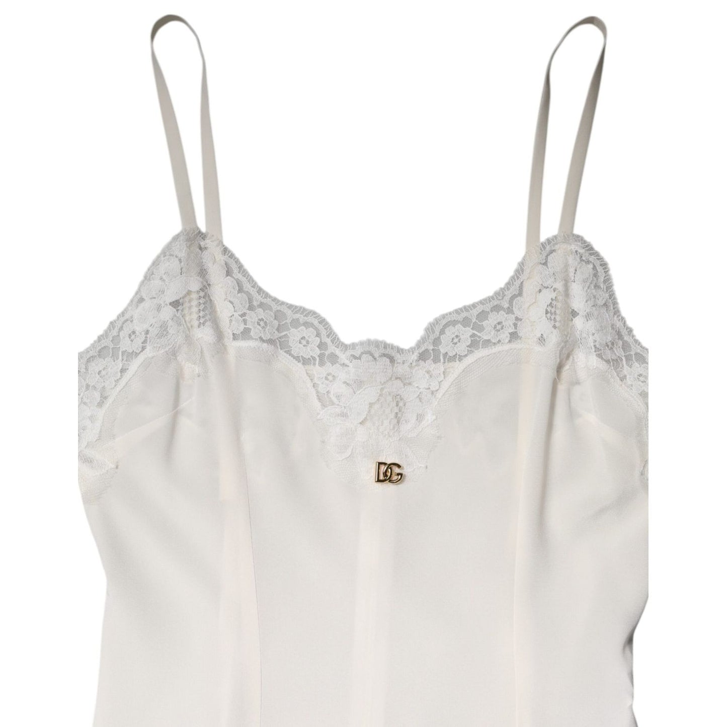 Dolce & Gabbana White Lace Gold DG Logo Silk Dress Sleepwear