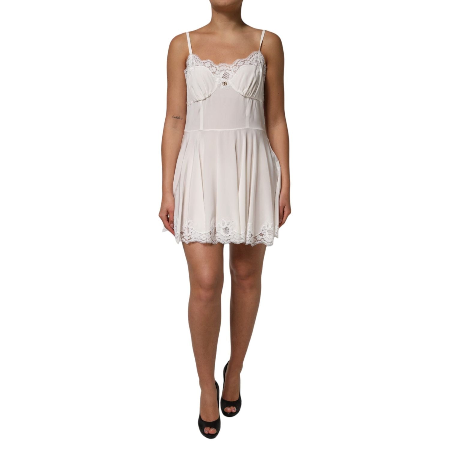 Dolce & Gabbana White Lace Gold DG Logo Silk Dress Sleepwear
