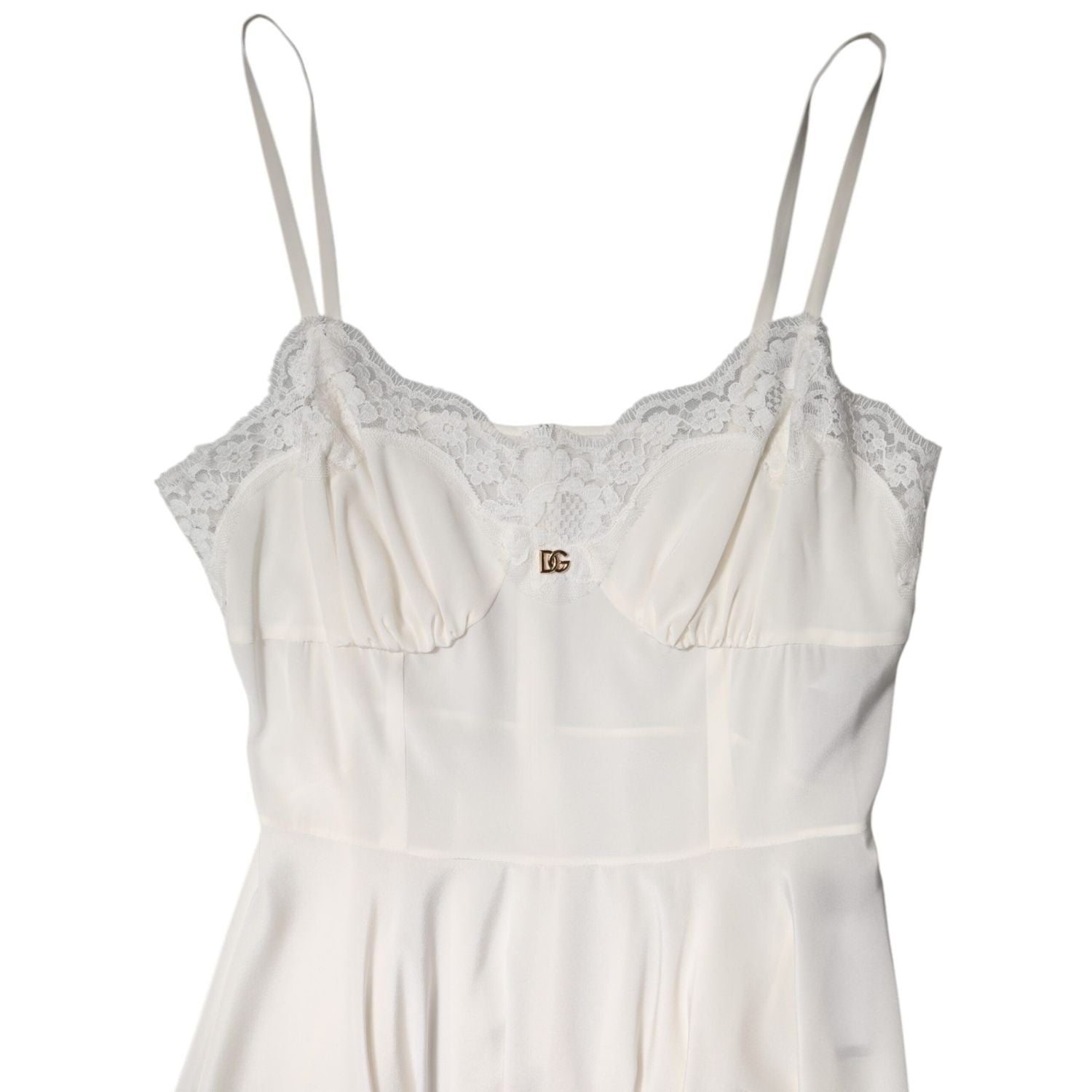 Dolce & Gabbana White Lace Gold DG Logo Silk Dress Sleepwear