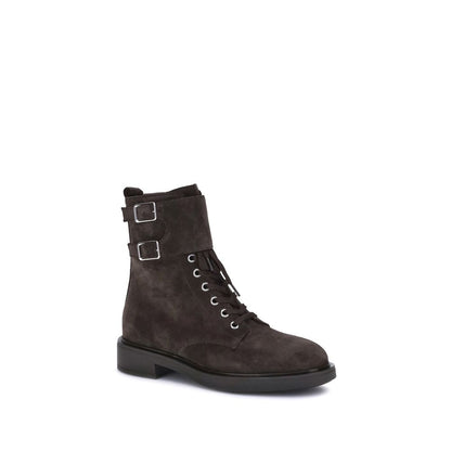 Gianvito Rossi Black Calf Leather Bos Taurus Lace-Up Boots with buckles and zipper for style and comfort.