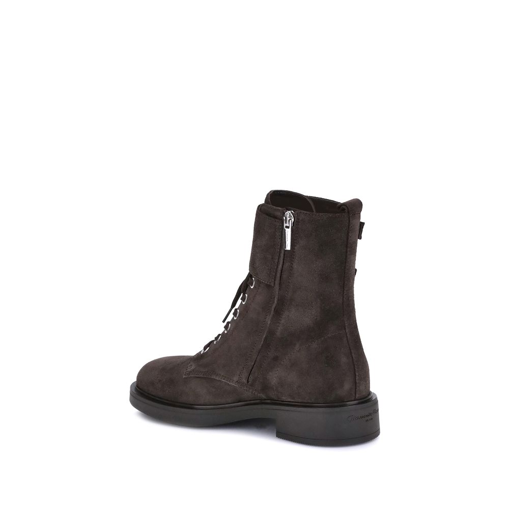 Gianvito Rossi Black Calf Leather Bos Taurus Lace-Up Boots with side zipper and buckles, showcasing a refined and contemporary design.