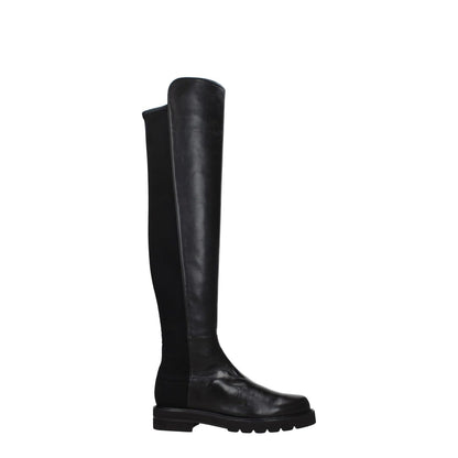 Stuart Weitzman Black Leather Over The Knee boot with aged effect, rubber sole, mid heel, and round toe for casual style.