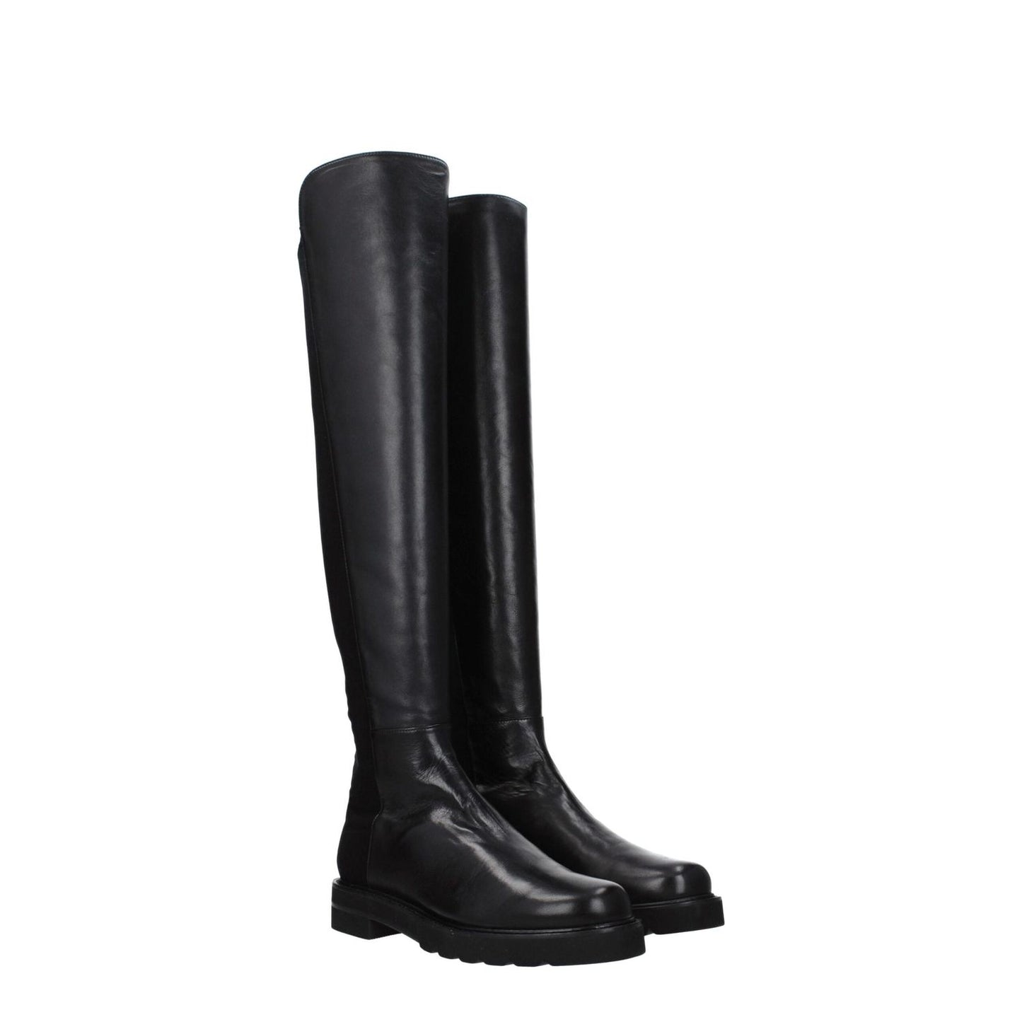 Stuart Weitzman Black Leather Over The Knee boots with round toe, mid heel, and rubber sole, featuring aged effect leather.