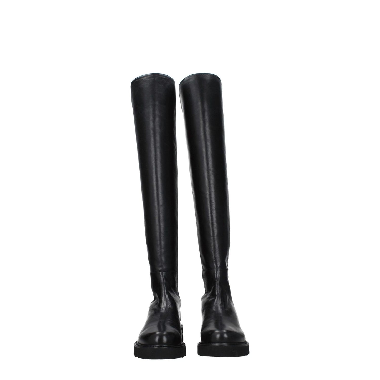 Stuart Weitzman Black Leather Over The Knee boots with aged effect and rubber sole, mid heel, casual style, round toe, 3.5 cm heel height.