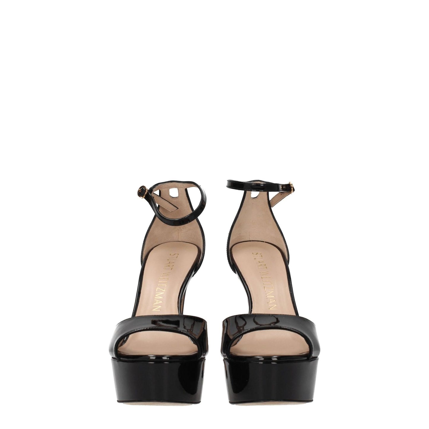 Stuart Weitzman Black Leather Platform Sandals with buckle closure and high heel in front view.