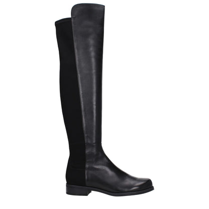 Stuart Weitzman Black Leather Over The Knee boot, casual style with vintage effect, low flat heel, round toe, rubber sole.