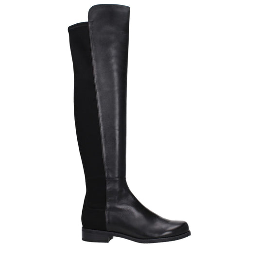 Stuart Weitzman Black Leather Over The Knee boot, casual style with vintage effect, low flat heel, round toe, rubber sole.