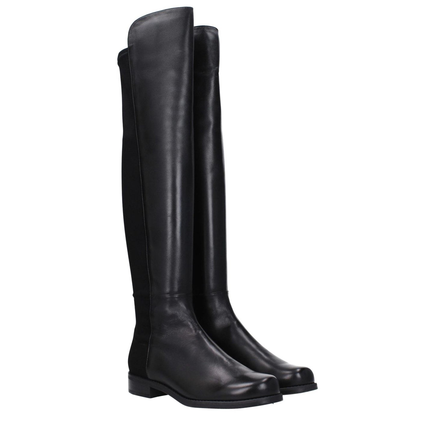 Stuart Weitzman Black Leather Over The Knee boots with vintage effect, round toe, low flat heel, and rubber sole.