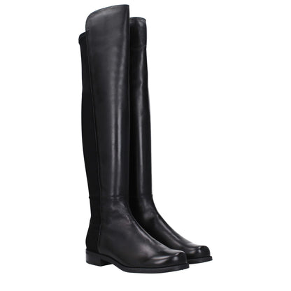 Stuart Weitzman Black Leather Over The Knee boots with vintage effect, round toe, low flat heel, and rubber sole.