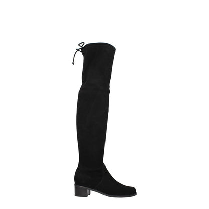 Stuart Weitzman Black Leather Over The Knee boot with mid heels and round toe, featuring suede material and rubber sole.