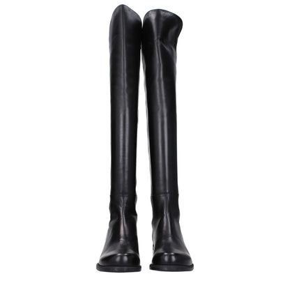 Stuart Weitzman Black Leather Over The Knee boots with vintage effect, casual style, low flat heel, round toe. MPN: 5050NSGS3999BLK
