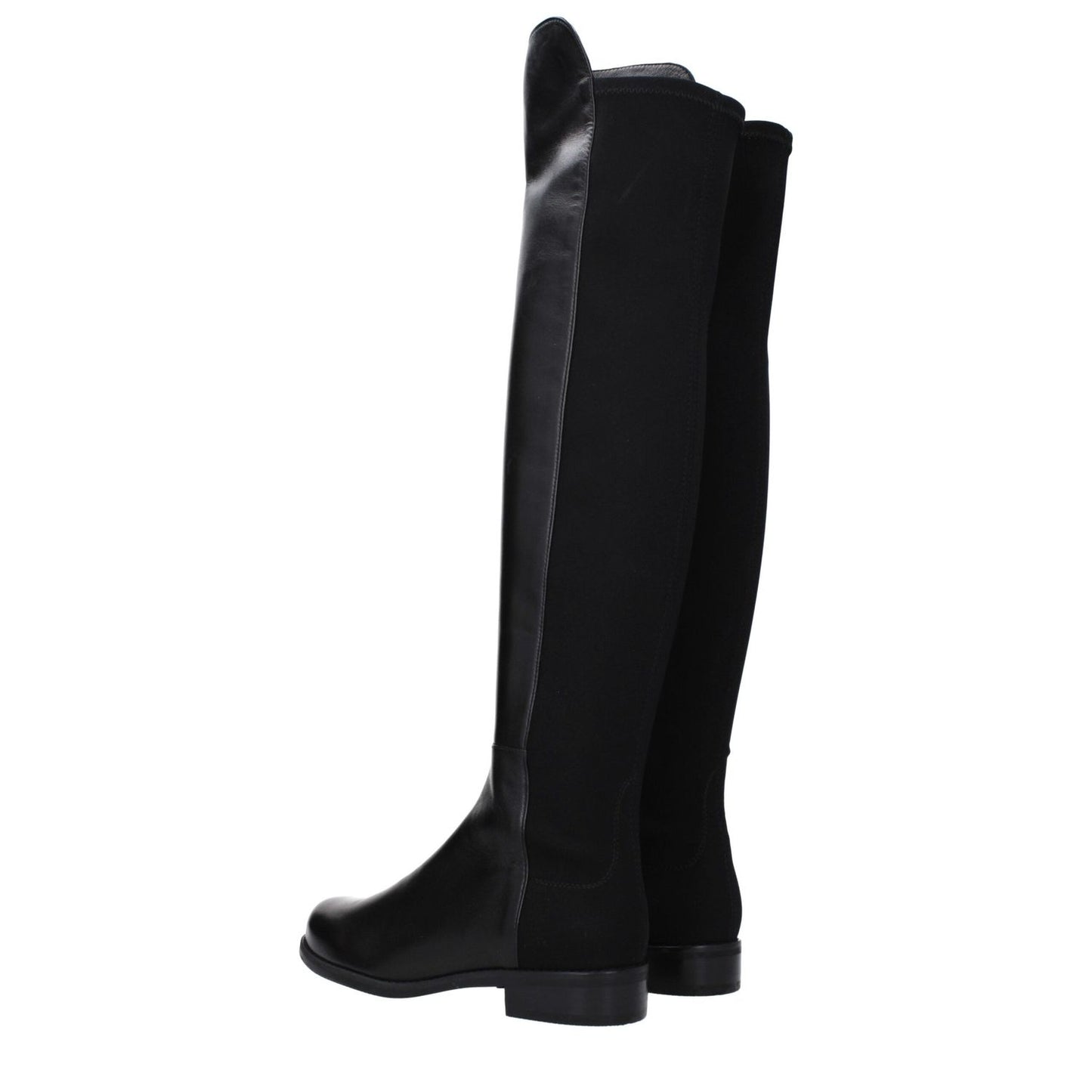 Stuart Weitzman Black Leather Over The Knee boots with vintage effect, casual style, round toe, and low flat heel.