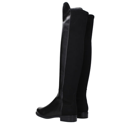 Stuart Weitzman Black Leather Over The Knee boots with vintage effect, casual style, round toe, and low flat heel.