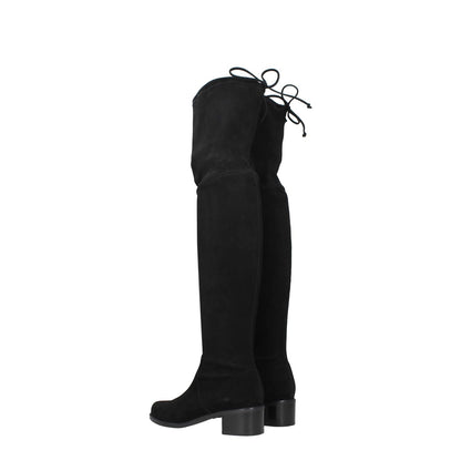 Stuart Weitzman Black Leather Over The Knee boots with a vintage effect, mid heels, round toe, and rubber sole, side view.