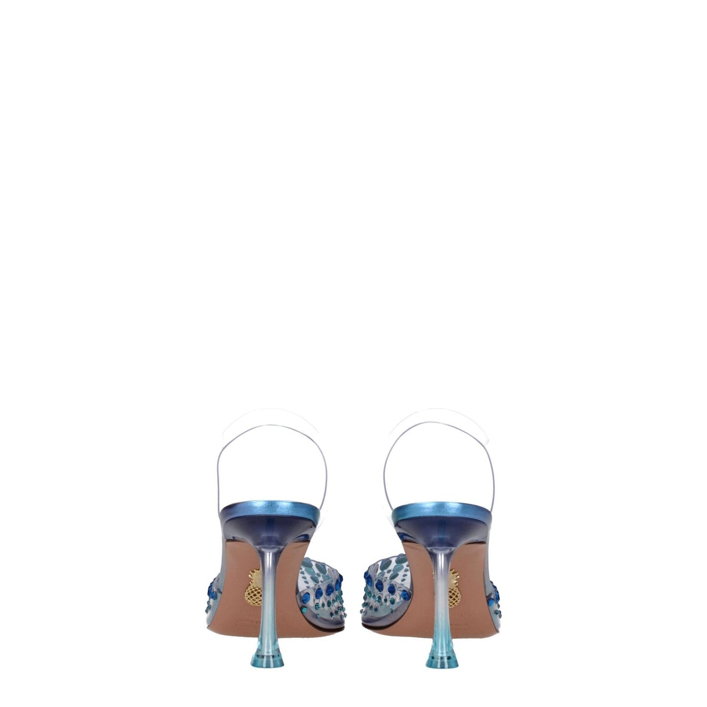 Back view of Aquazzura Transparent Pvc Stiletto Heel Sandals with rhinestone accents and pointy toes, featuring sky blue mid heels and leather sole.