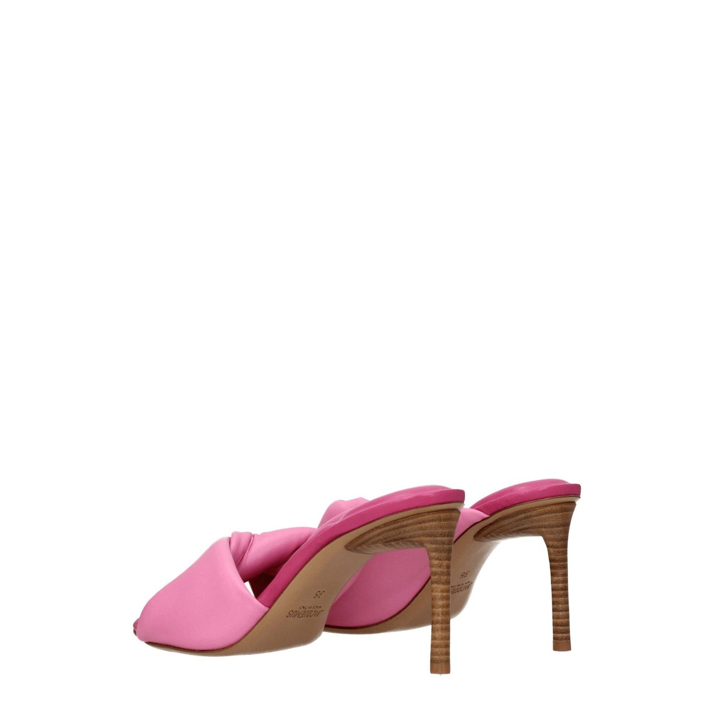 Jacquemus Pink Leather Stiletto Heel Sandals with open toe and mid heels, featuring an 8.5 cm height and leather sole, side view.