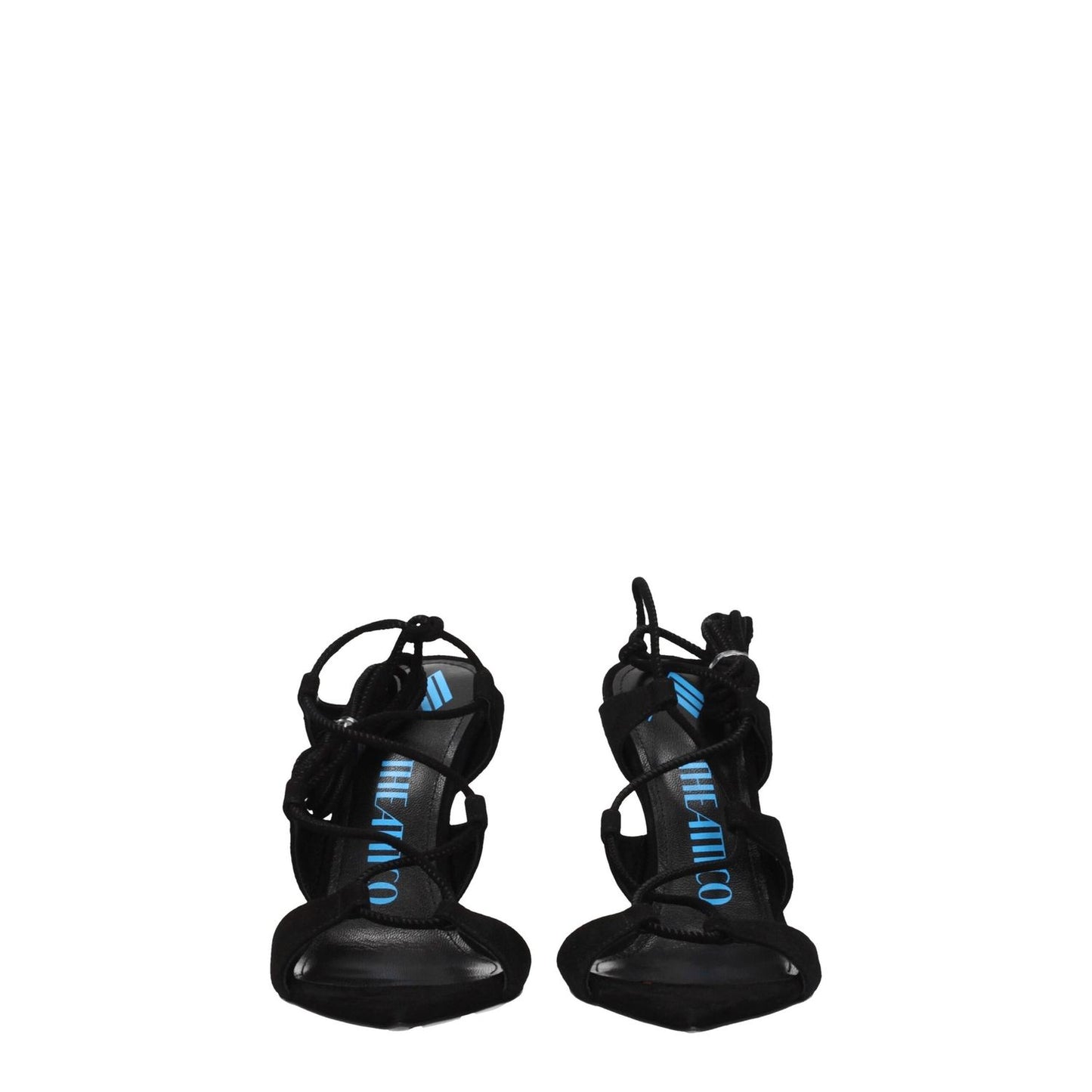 The Attico Black Leather Stiletto Heel Sandals, suede casual style with self-tie closures, 10.5 cm high heel, pointy toe.