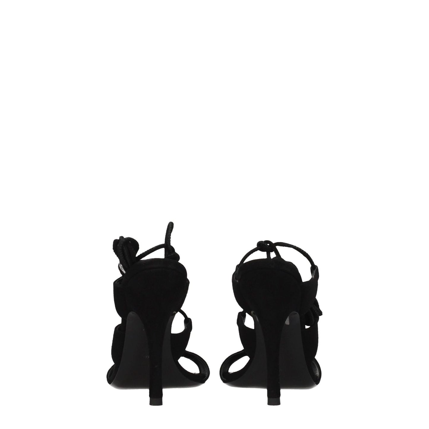 The Attico Black Leather Stiletto Heel Sandals, suede with 10.5 cm pointy toe high heel, back view showing self-tie closures.