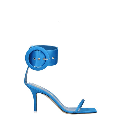 The Attico Light Blue Satin Stiletto Heel Sandals with buckle closure, open toe, leather sole, 8.5 cm mid heel, elegant design.