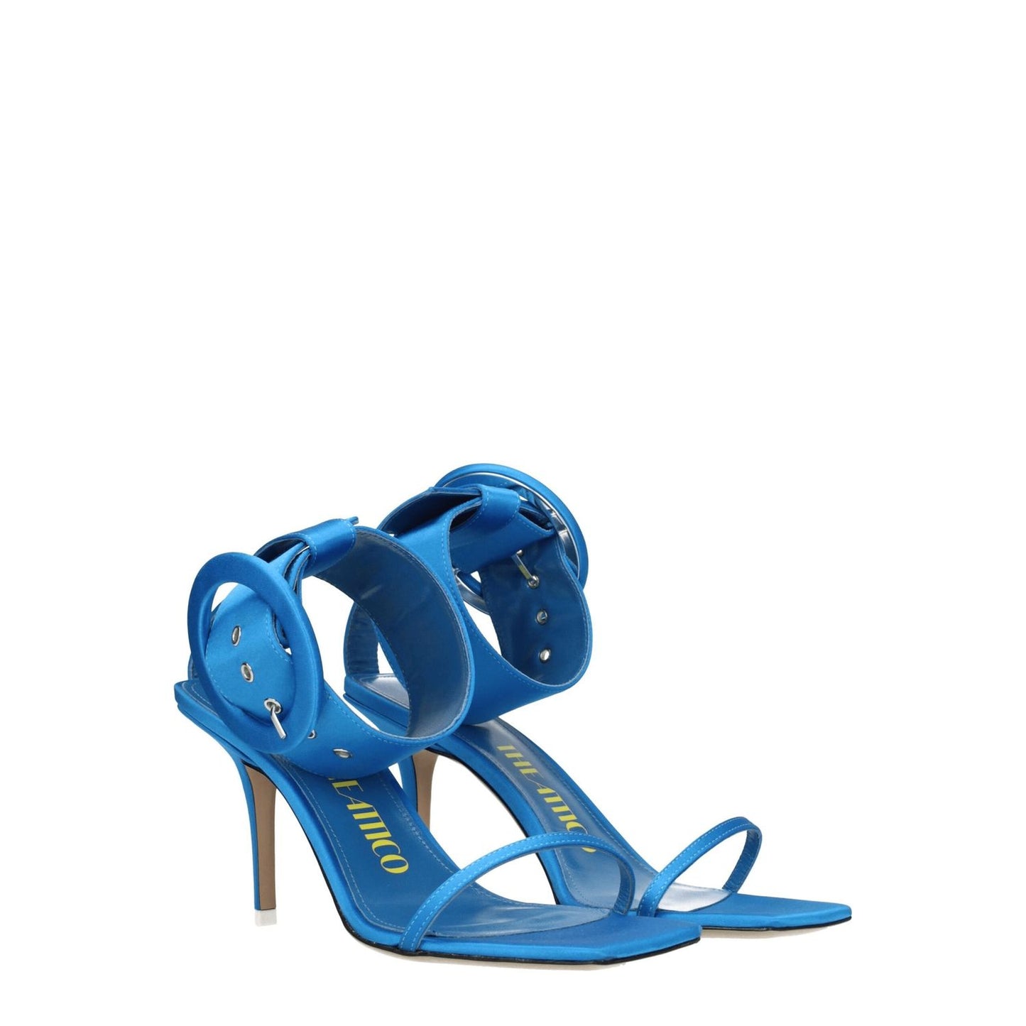 The Attico Light Blue Satin Stiletto Heel Sandals with buckle closure and 8.5 cm mid heel, open toe design, leather sole.