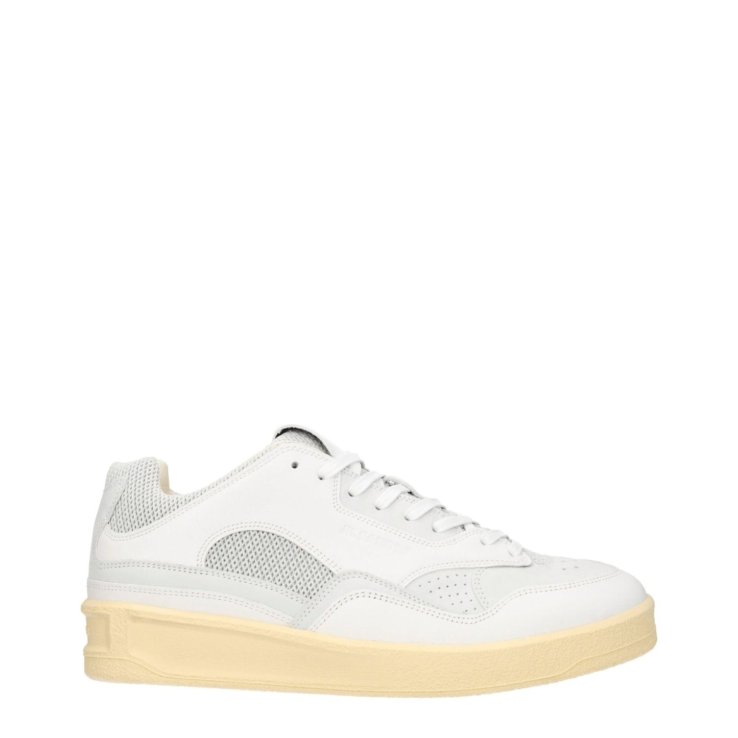 Jil Sander White Leather Low Top Sneakers with light grey details, lace-up closure, mid heel, round toe, and sporty glam style.