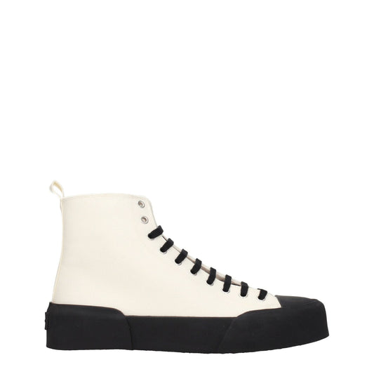 Jil Sander Beige Fabric High Top Sneakers with black rubber sole, lace-up closure, and back logo detail, sporty glam style.