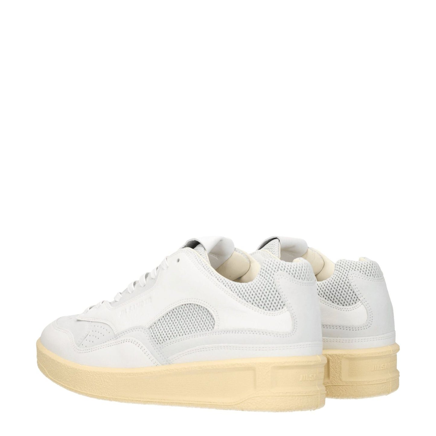 Jil Sander White Leather Low Top Sneakers with light grey accents, lace-up closure, round toe, and mid heels, sporty glam style.