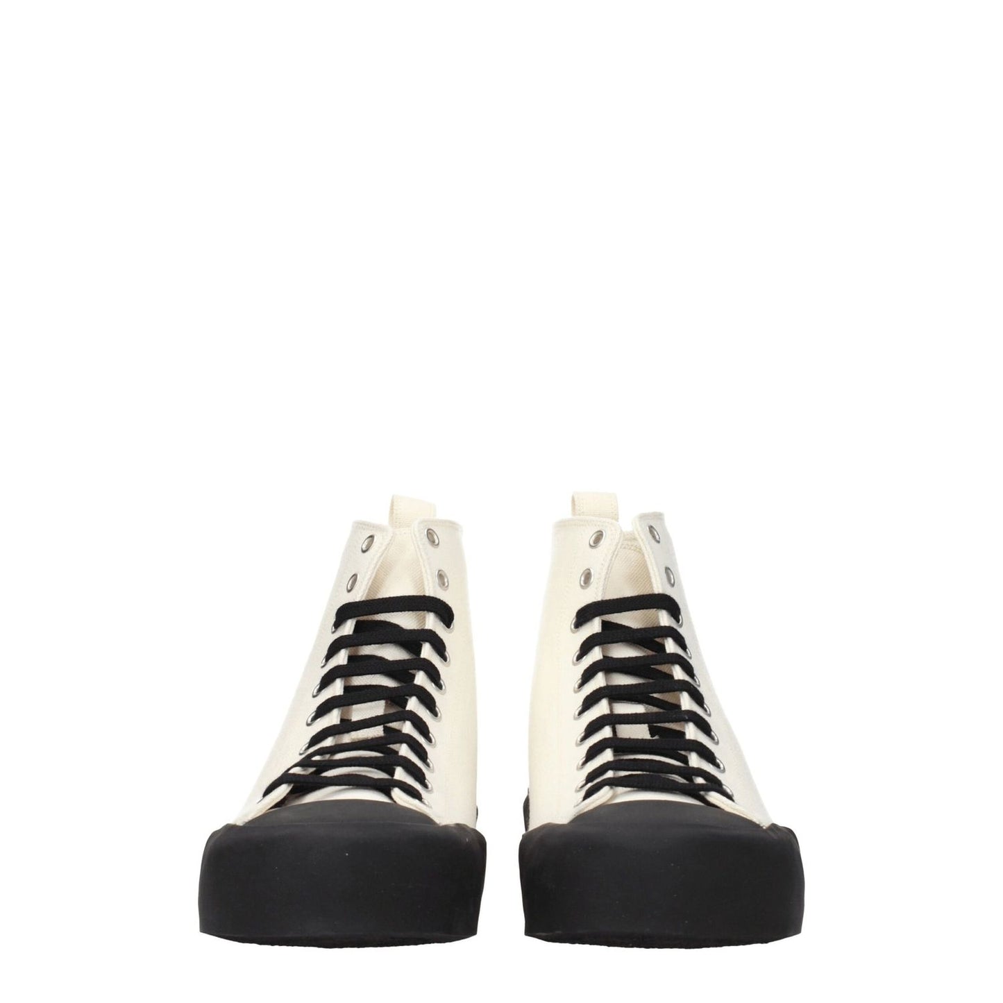 Jil Sander Beige Fabric High Top Sneakers with black accents and lace-up closure, featuring a sporty glam style and rubber sole.