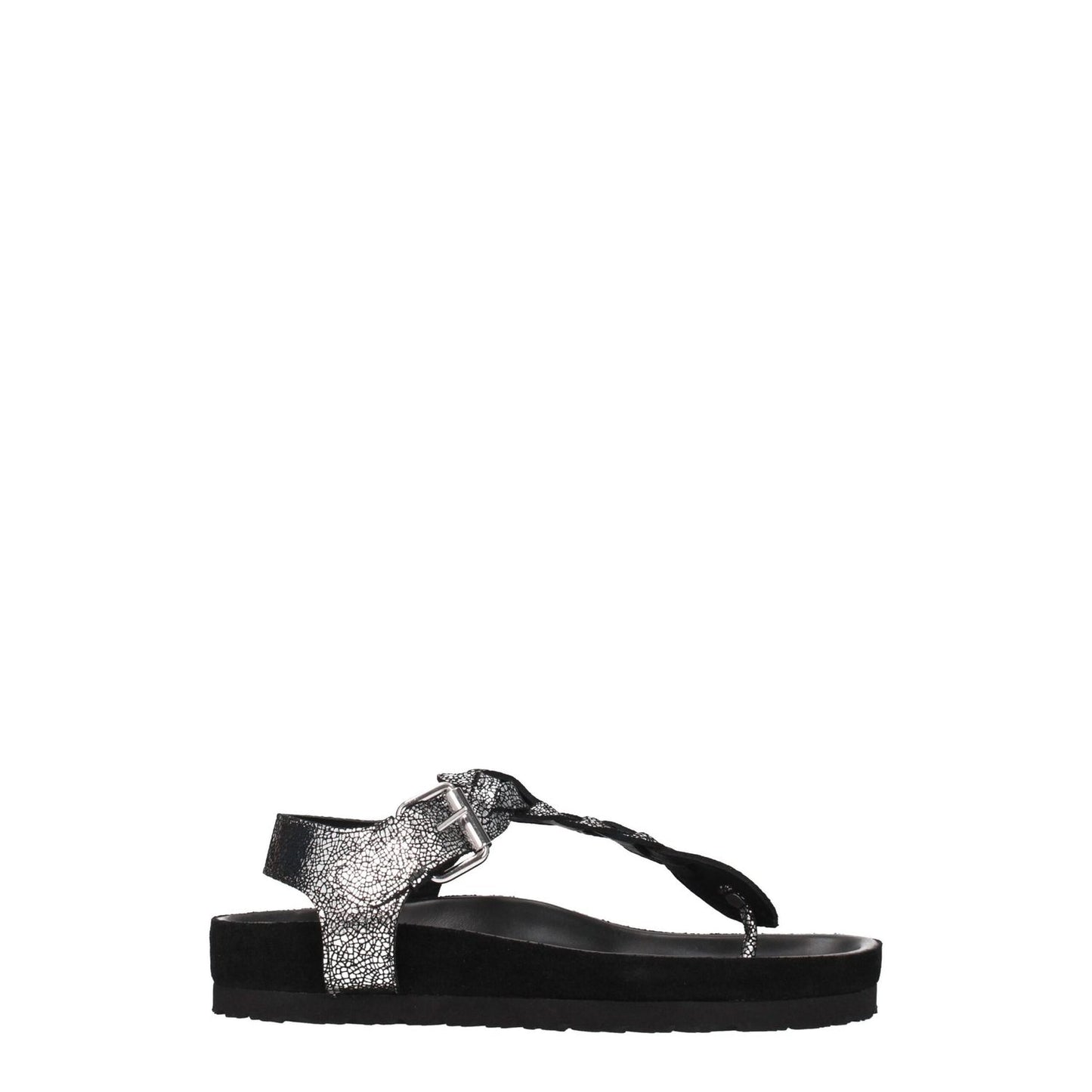 Isabel Marant Black Leather Flip-Flop Sandals with silver detail, suede material, open toe, low flat heel, casual style.