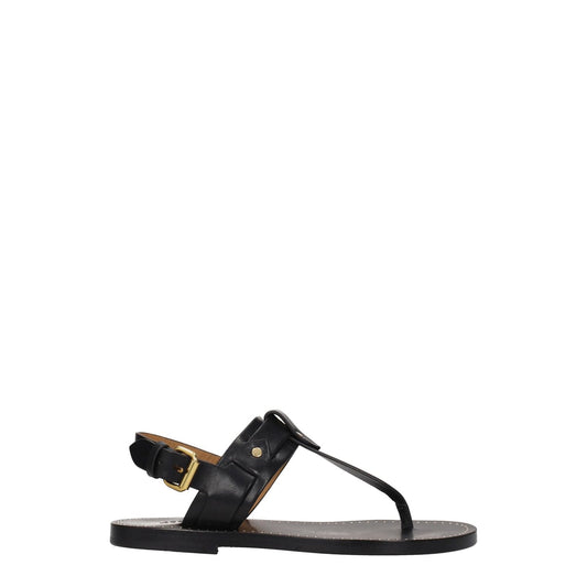 Isabel Marant Black Leather Flip-Flop Sandals with Gold Studs and Buckle Closure, Open Toe, Low Flat Heel, Casual Style