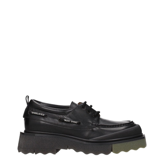 Off-White Black Leather Slip-On Loafers with mid heels and vintage effect, featuring rubber sole, lace-up closure, and military green details.